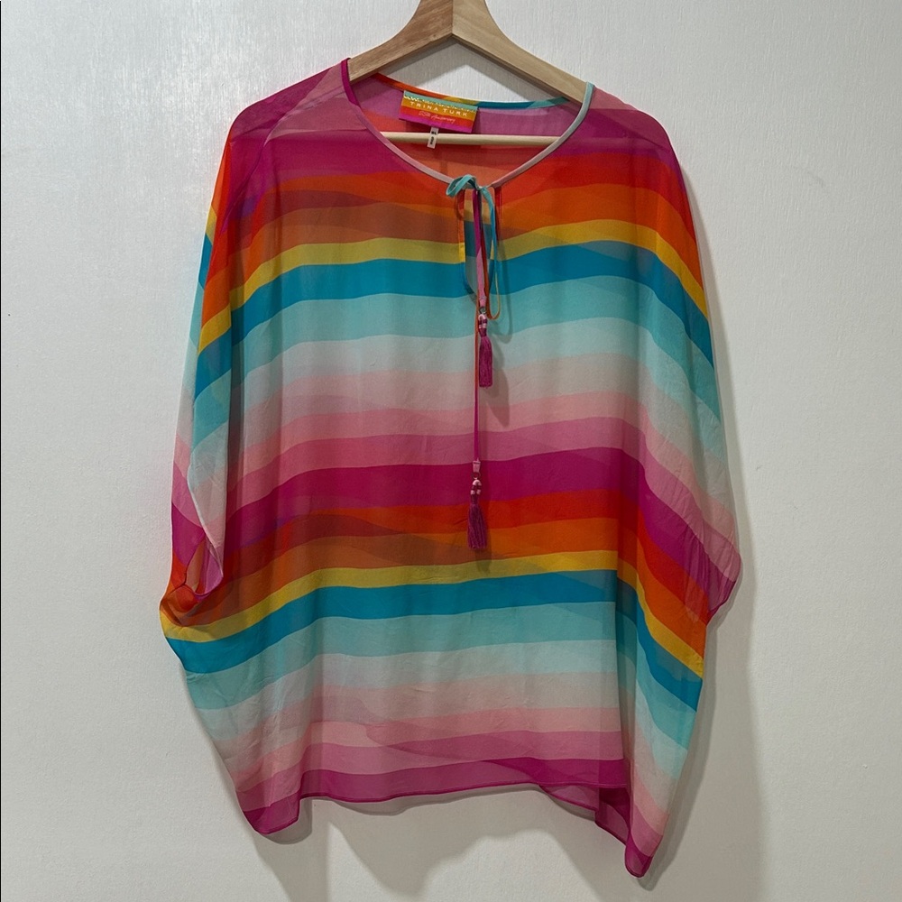 TRINA TURK WOMENS MULTICOLOR SHEER STRIPED PULLOVER BLOUSE TOP Sz M/L